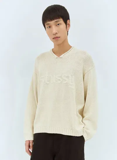 Stussy Roll V-neck Logo Sweater In Cream