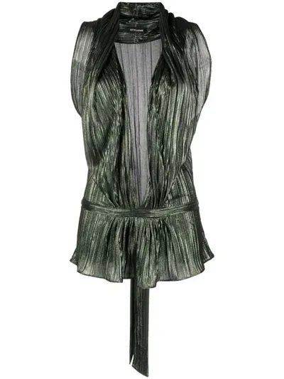 Styland Metallic-effect Pleated Tank Top In Green