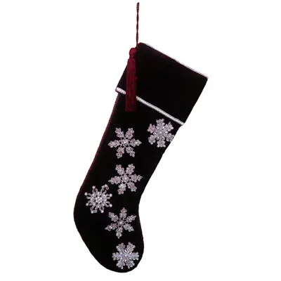 Sudha Pennathur Sudhar Pennathur Burgundy Velvet Beaded Snowflake Stocking In Black