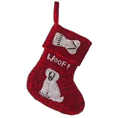 Sudha Pennathur Woof Beaded Velvet Dog Stocking In Neutral