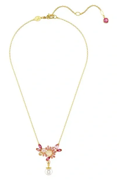 Swarovski Gema Crystal Flower & Imitation Pearl Pendant Necklace In Pink