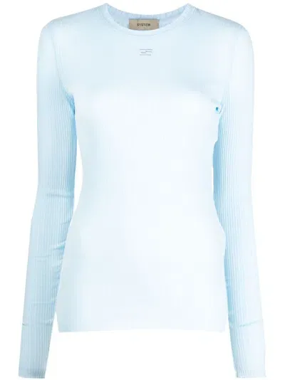 System Semi-sheer Ribbed-knit Top In Blue