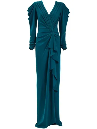 Tadashi Shoji Finch Waterfall Draped Gown In Blue