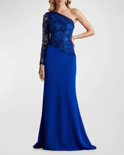 Tadashi Shoji One-shoulder Embroidered Sequin Lace Gown In Blue