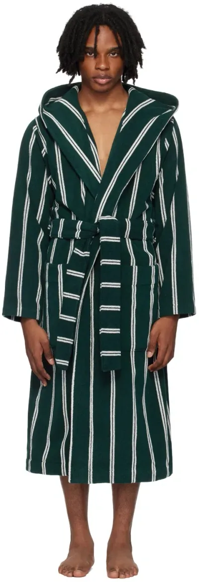 Tekla Green Hooded Bathrobe In Forest Green Striped