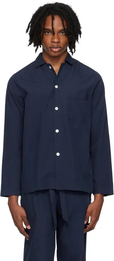 Tekla Navy Long Sleeve Pyjama Shirt In True Navy