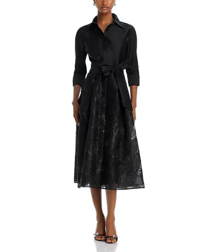 Teri Jon By Rickie Freeman Mixed Media Shirt Dress In Black