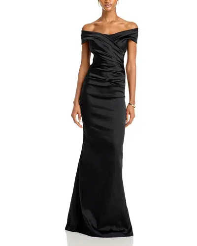 Teri Jon By Rickie Freeman Satin Stretch Off The Shoulder Gown In Black