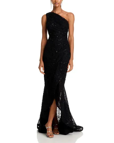 Teri Jon By Rickie Freeman Sequin Embroidered One Shoulder Gown In Black