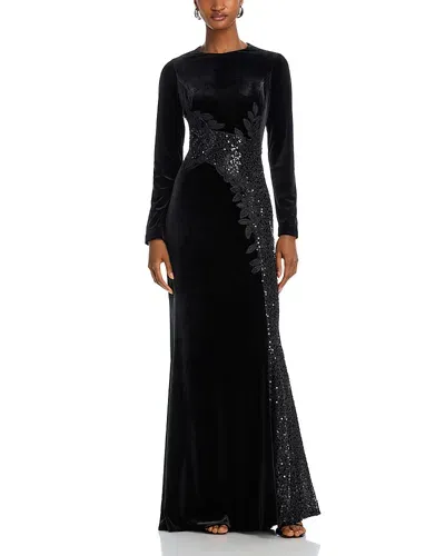 Teri Jon By Rickie Freeman Sequined Inset Velvet Gown In Black