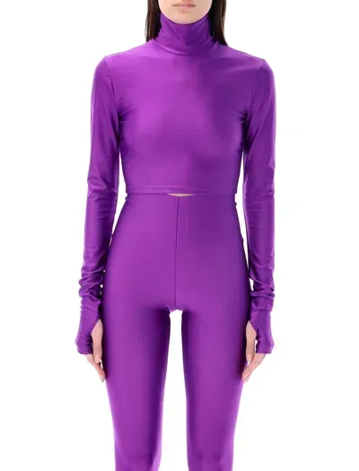 The Andamane Shiny Lycra Crop Turtlenck Top In Purple