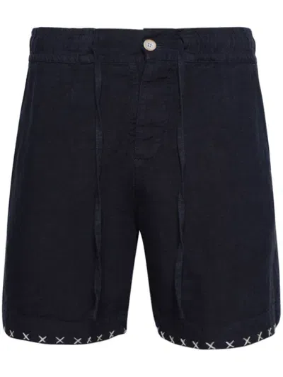 The Elder Statesman Contrasting-stitch Linen Shorts In Blue