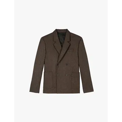 The Kooples Mens Brown Herringbone-weave Double-breasted Wool-blend Blazer