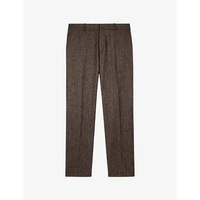 The Kooples Mens Herringbone-weave Straight-leg Wool-blend Trousers Brown