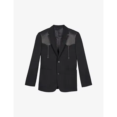 The Kooples Mens Black Single-breasted Wool And Leather Jacket