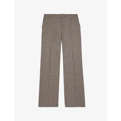 The Kooples Womens Ecru Black Checked Wide-leg Mid-rise Wool-blend Trousers