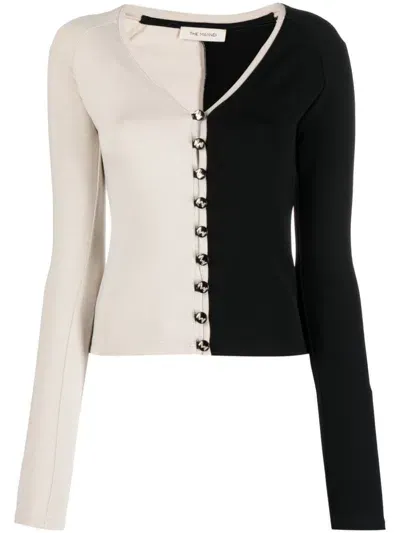 The Mannei Two-tone V-neck Cardigan In Black