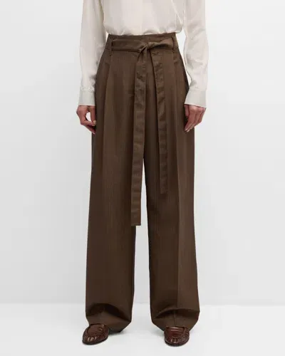 The Row Lonan Wool Wide-leg Pants With Tie Belt In Brown