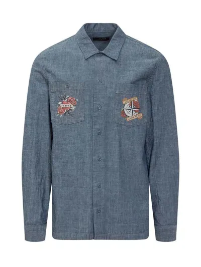 The Seafarer Denim Shirt With Prints In Blue