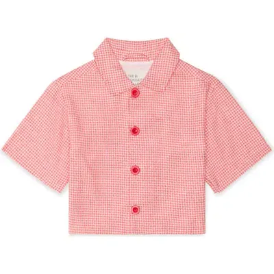 The Sunday Collective Kids' Houndstooth Short Sleeve Cotton Crop Jacket In Light/pastel Red