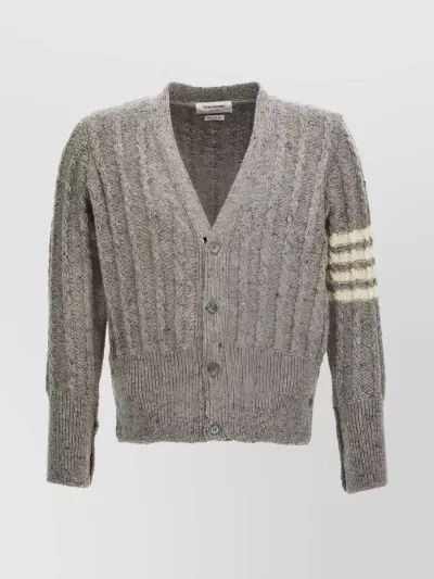 Thom Browne Donegal Cable 4-bar V-neck Cardigan In Gray