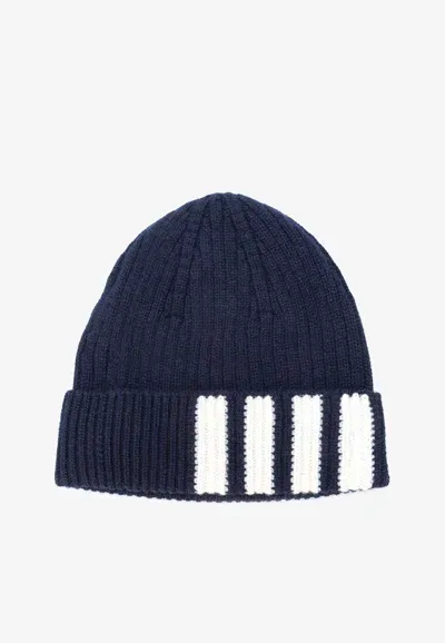 Thom Browne 4-bar Stripes Rib Knit Beanie In Blue