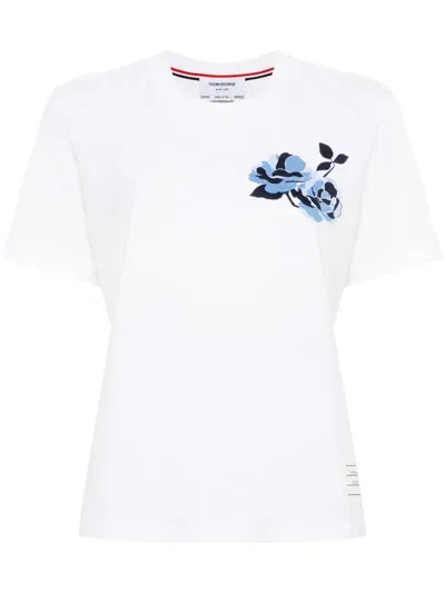 Thom Browne Floral-print Cotton T-shirt In 白色