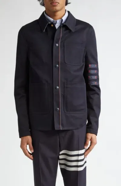 Thom Browne Rose Embroidered 4-bar Cotton Shirt Jacket In Navy