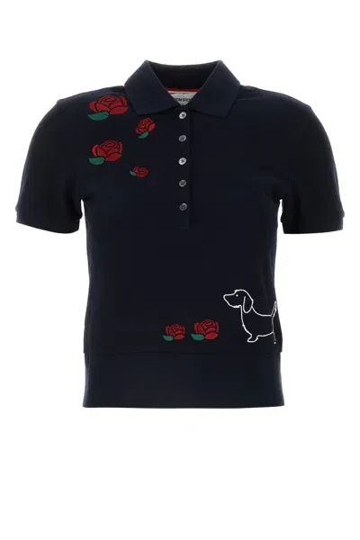 Thom Browne Embroidered Polo Shirt Collar Ribbed Short Sleeves In Blue