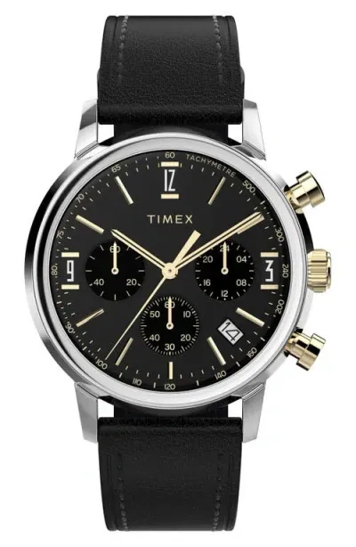 Timex ® Marlin Leather Strap Chronograph Watch, 40mm In Black