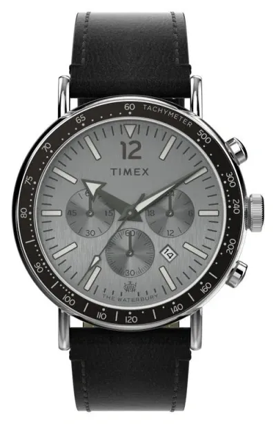 Timex ® Waterbury Standard Chronograph Leather Strap Watch, 43mm In Black