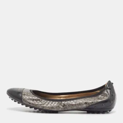 Pre-owned Tod's Black/brown Patent And Python Leather Ballet Flats Size 36.5