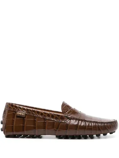 Tod's Crocodile Print Gommino Driving Shoes In Brown