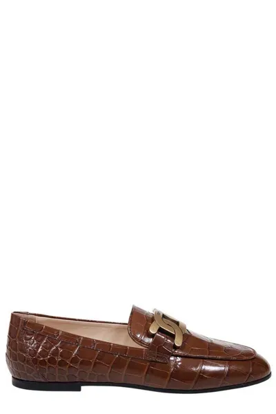 Tod's Kate Embossed Almond Toe Loafers In Brown