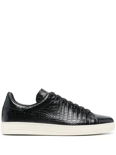 Tom Ford Crocodile-embossed Leather Sneakers In Black