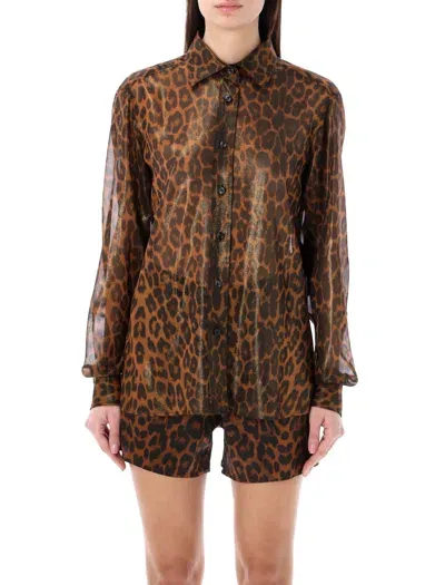 Tom Ford Laminated Leopard Printed Georgette Shirt In Brown