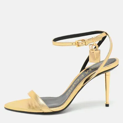 Pre-owned Tom Ford Gold Leather Padlock Ankle Strap Sandals Size 36.5