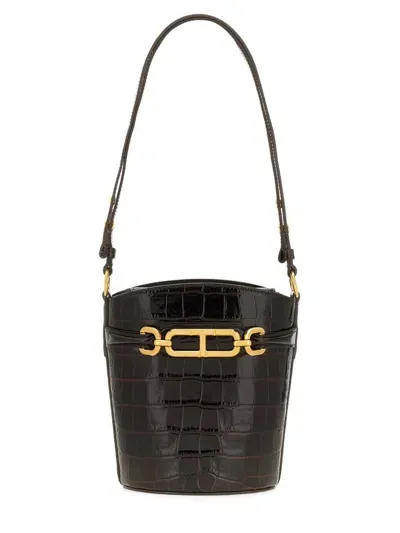 Tom Ford Logo Plaque Embossed Small Bucket Bag In Brown