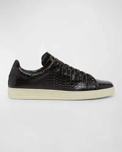 Tom Ford Men's Warwick Croc-printed Low-top Sneakers In Black Cream