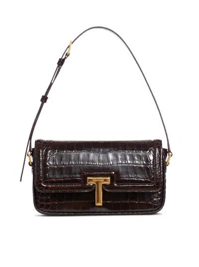 Tom Ford Mini Embossed Crocodile Leather Bag In Brown