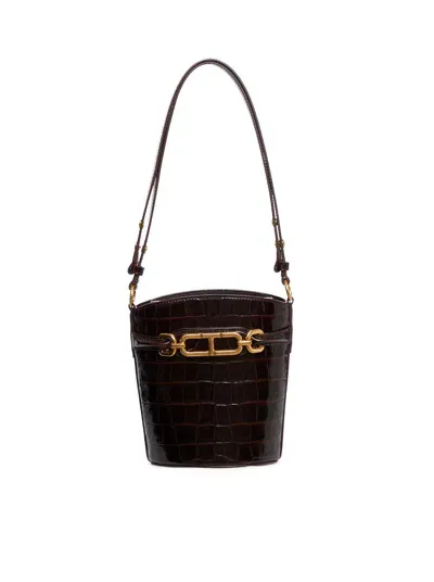 Tom Ford Small Bucket In Shiny Printed Crocodile In Brown