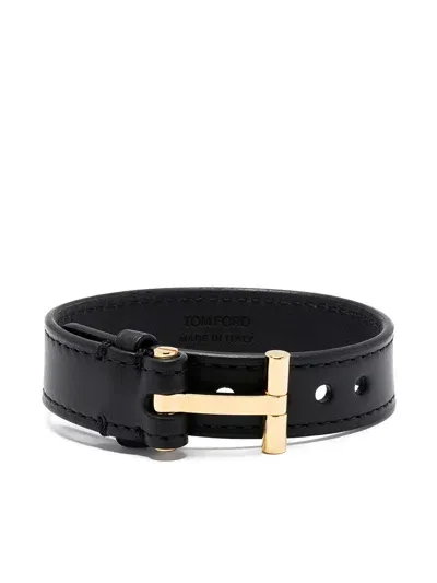 Tom Ford T-hinge Leather Bracelet In Black