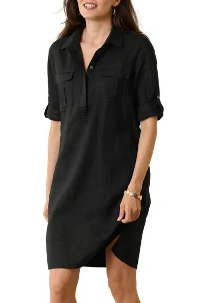 Tommy Bahama Two Palms Tie Belt Linen Shirtdress In Black