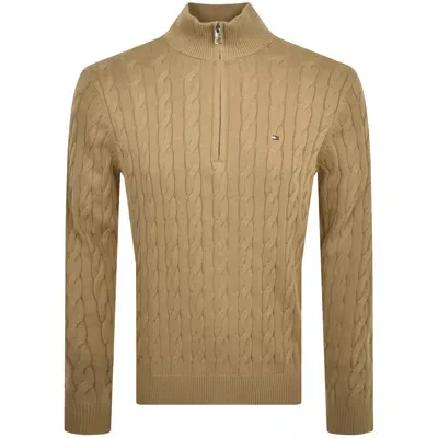 Tommy Hilfiger Quarter Zip Cable Knit Jumper Brown