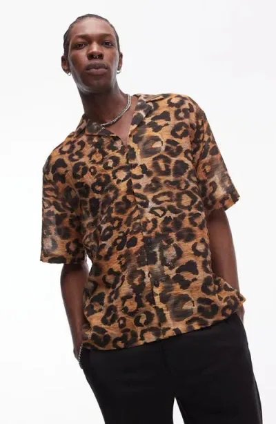 Topman Short Sleeve Leopard Print Shirt In Brown