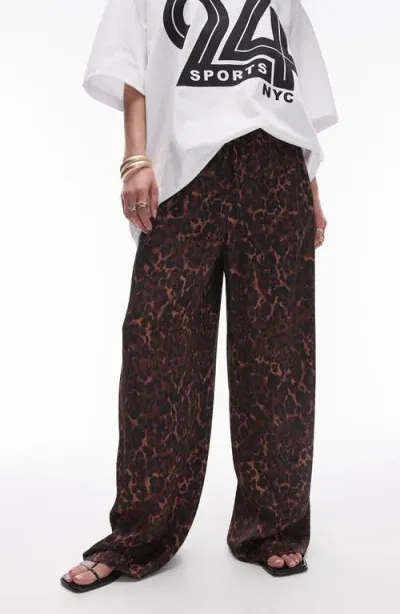 Topshop Animal Print Wide Leg Drawstring Pants In Brown