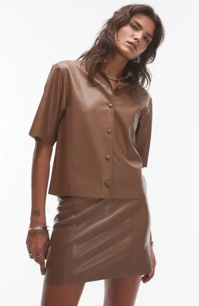 Topshop Faux Leather Button-up Shirt In Chocolate