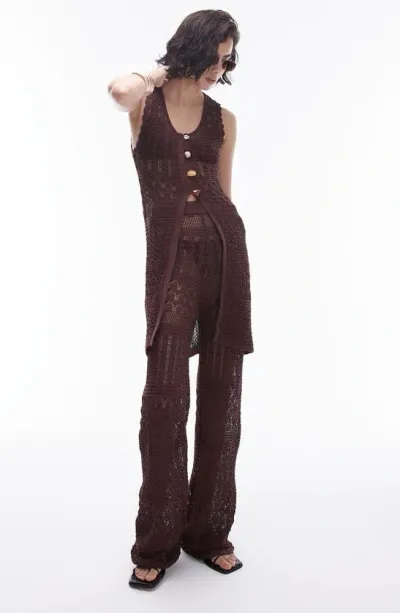 Topshop Open Stitch Sleeveless Duster In Brown