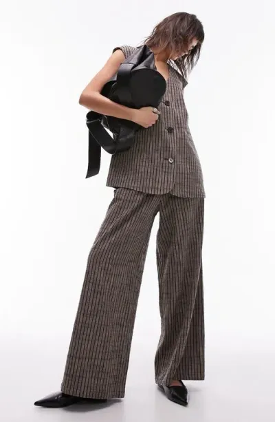 Topshop Stripe Pleated Wide Leg Pants In Brown