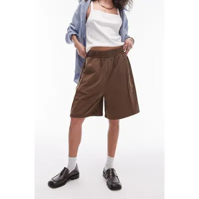 Topshop Acid Wash Longline Short In Chocolate-brown